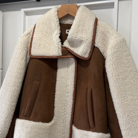 LOFT Ivory Cream Sherpa & Brown Faux Suede Moto Zip Jacket Coat Size Medium - Picture 2 of 15